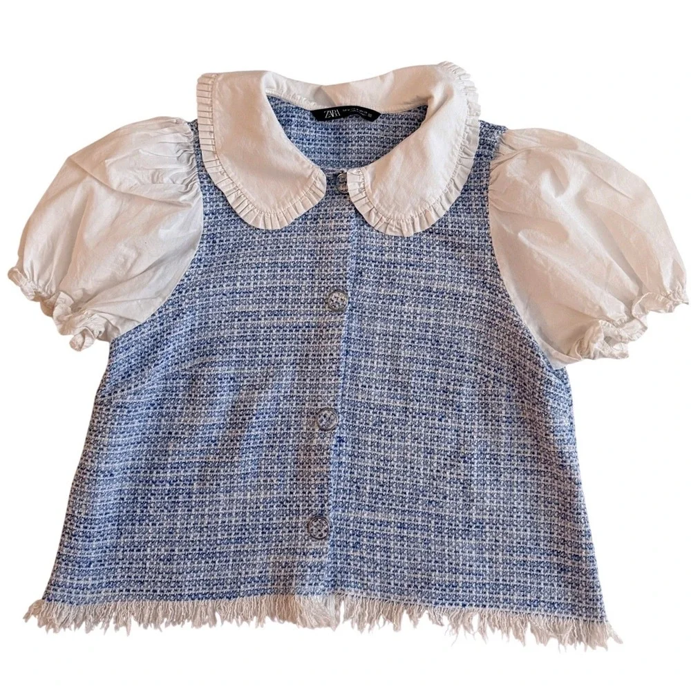 Zara Tweed Top Womens M Blue White Peter Pan Collar Puff Sleeve Fringe Preppy